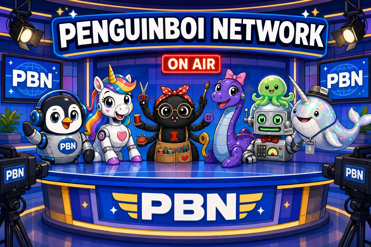 PenguinBoi Network — Penguinbot, Rainbow Unicorn Bot, Widow Maker, Nessiebot, Brain Sucking Alien Bot and Narwhaybot at the news desk