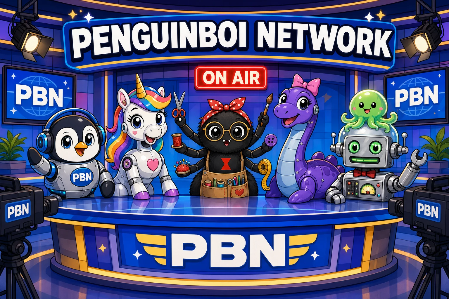 PenguinBoi Network — Penguinbot, Rainbow Unicorn Bot, Widow Maker, Nessiebot and Brain Sucking Alien Bot at the news desk
